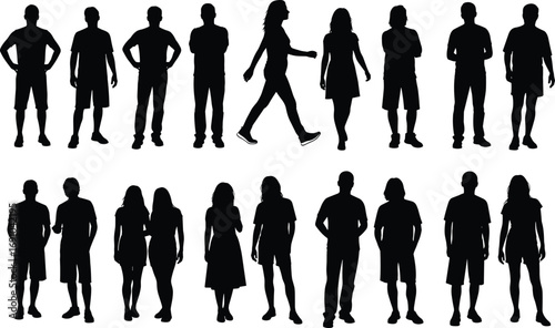 Silhouette group of diverse men and women standing together in casual and formal clothing illustration vector design for fashion, people, community, society.