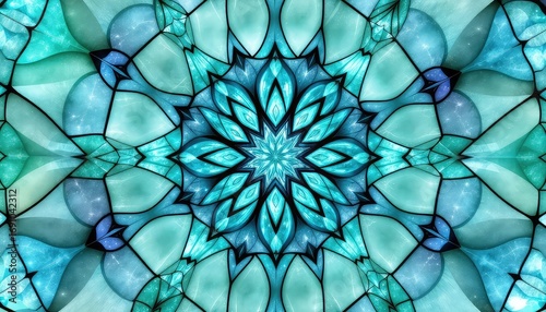 Intricate turquoise and blue fractal pattern with radiating symmetrical shapes, suggesting crystalline structures and flowing organic forms