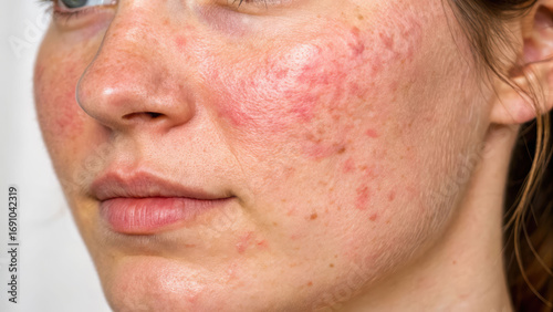 Acne redness inflamed cheek skin atopic dermatitis female face closeup Calm portrait shows acne redness and inflamed cheek skin with atopic