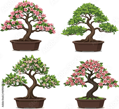 Bonsai tree collection with pink, white, and dark pink flowers, green foliage, brown pots, decorative miniature plants, floral art, botanical illustration set