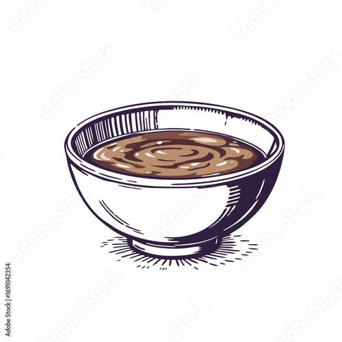 Handdrawn sketch of a white bowl filled with brown liquid featuring swirling texture.