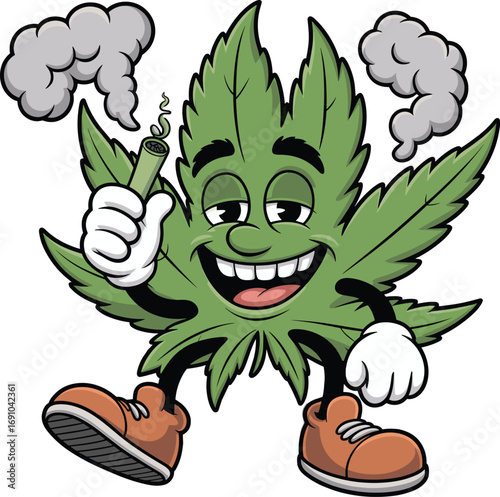 Cartoon cannabis leaf character, happy marijuana mascot art, smoking weed joint, funny stoner design, relaxed pot leaf vector, humor cartoon drawing, cannabis expression