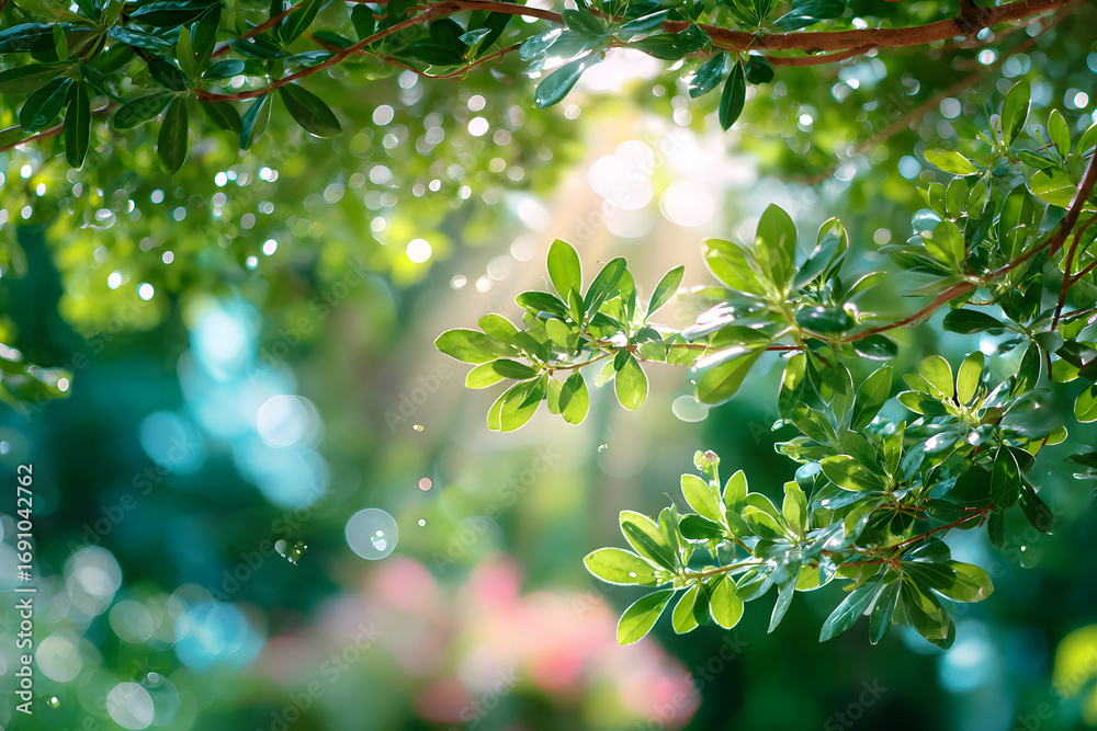 Fototapeta premium Nature inspired background with blurred green leaves and sunlight bokeh.