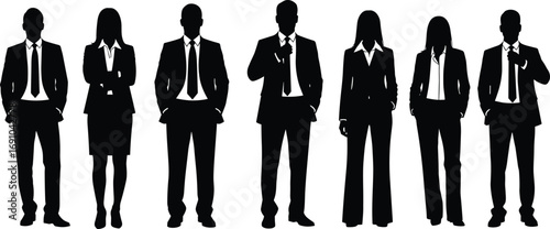 Silhouette vector illustration of professional business team group standing together in formal office attire representing leadership, teamwork, management, success, and cooperation.