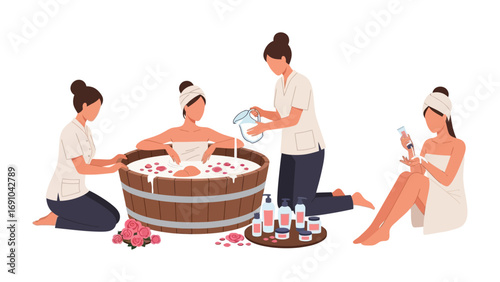Serene spa treatment with women enjoying a relaxing milk bath surrounded by rose petals and beauty products for ultimate pampering and wellness