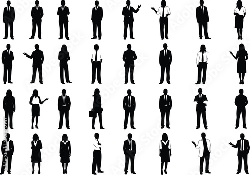 Silhouette vector illustration of professional business team group standing together in formal office attire representing leadership, teamwork, management, success, and cooperation.