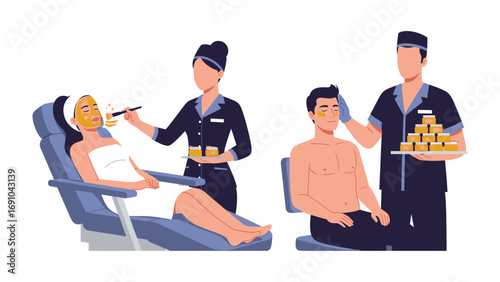 Two beauty professionals providing skincare treatments to clients in a spa setting with a woman receiving a facial and a man getting a massage