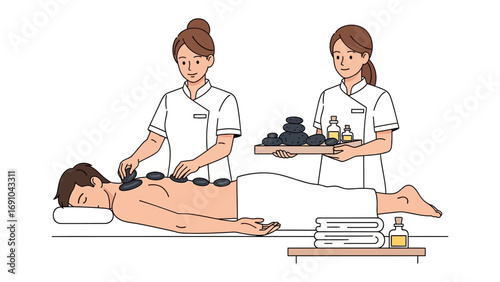 Two female therapists perform a hot stone massage on a male patient lying on a massage table with various spa treatment items nearby