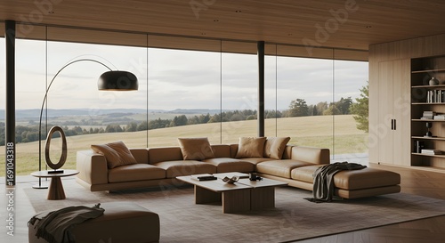 Modern luxury living room with panoramic view of rolling hills and nature