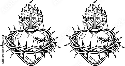 Set of Sacred Heart of Jesus Christ in Thorns, Hand-Drawn Line Art and Dotwork Vector Illustration for Flash Tattoo or Vintage Print Design