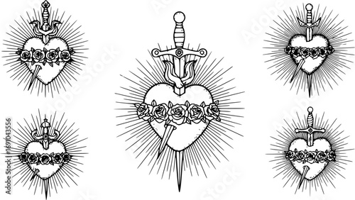 Set of Holy Heart of Mary with Roses and Sword, Hand-Drawn Line Art and Dotwork Vector Illustration for Flash Tattoo or Vintage Print Design