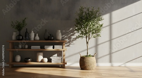 Modern Minimalist Interior: Wooden Shelf with Vases and Books, Potted Plant with Sunlight Shadow