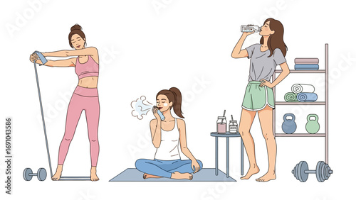 Three diverse women engaged in different home fitness activities demonstrating strength training yoga and hydration for a healthy lifestyle