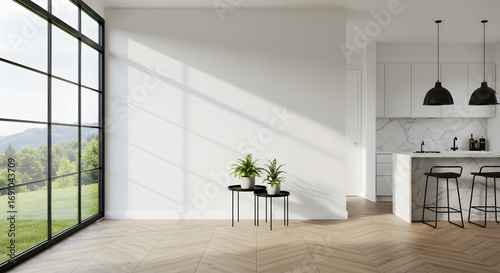 Modern Minimalist Living Room with Large Window and Kitchen Island