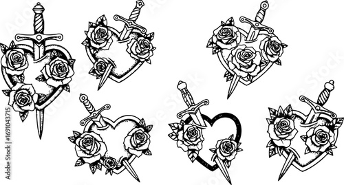 Set of Holy Heart of Mary with Roses and Sword, Hand-Drawn Line Art and Dotwork Vector Illustration for Flash Tattoo or Vintage Print Design
