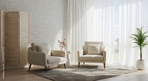 Modern minimalist living room with comfortable armchairs and bright natural light