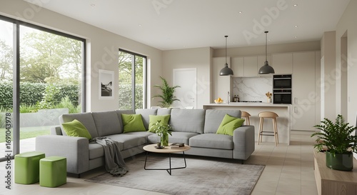 Modern Open Plan Living Room and Kitchen with Large Windows and Green Accents