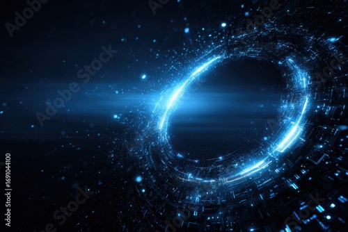 Abstract digital ring in dark space.  Circular glowing light effect.  Complex network of lines and particles.  Dark blue background