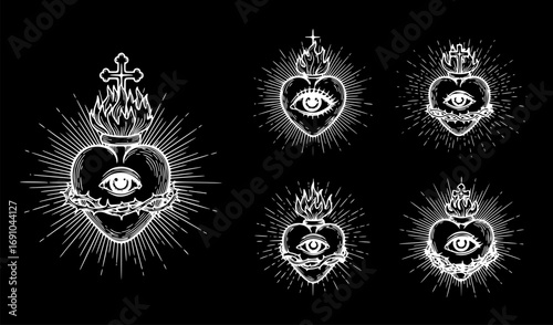 Set of All Seeing Eye of God in Sacred Heart with Rays of Light and Sunburst, Hand-Drawn Isolated Vector Illustration for Blackwork Flash Tattoo or Print Design
