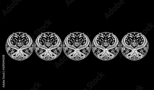 Set of Ouroboros Serpent and Dragon Consuming Each Other, Alchemical Symbol of Philosopher’s Stone, Hand-Drawn Vector Illustration for Tattoo, Poster or Print Desig