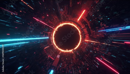 Circular portal with vibrant neon streaks