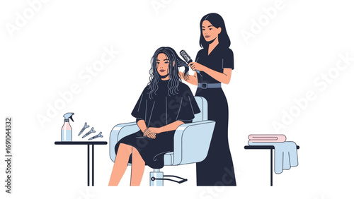 Stylist carefully combs and styles client s long dark hair in a salon chair with professional tools and products on nearby tables