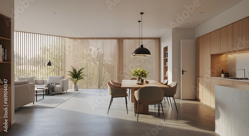 Modern Scandinavian Living and Dining Area with Natural Light and Wood Accents