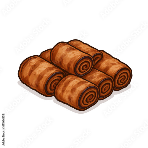 Six golden brown rolled pastries stacked showcasing dark chocolate spiral ends.