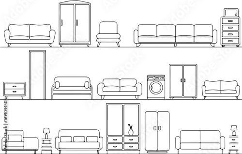 Collection of Line Art Furniture Icons: Sofas, Wardrobes, and Appliances