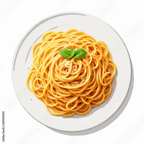 Spaghetti with Basil and Parmesan on White Plate Vector Illustration.