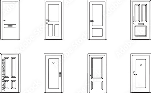 Collection of eight different styles of outlined doors on a white background