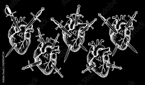 Set of Realistic Human Heart Pierced with Three Swords, Hand-Drawn Black and White Line Art Vector Illustration for Flash Tattoo or Vintage Print Design