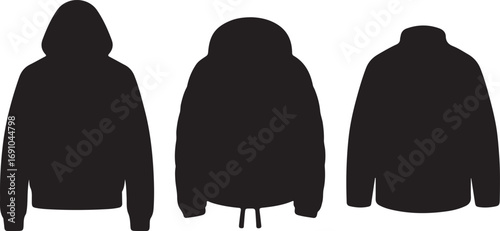 Black Silhouette Icons of Three Different Jackets on White Background