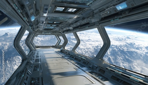 Futuristic spaceship corridor with panoramic views of a cloudy planet