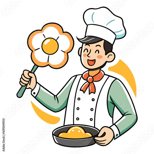 Creative Male Chef Cooking Eggs in Flower-Shaped Pan Illustration, Fun Kitchen Art, Culinary Vector Design for Foodie Projects