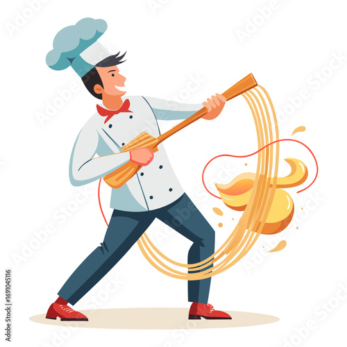 Creative male chef vector illustration pulling noodles like guitar strings, unique food art design for culinary branding and restaurant logo.