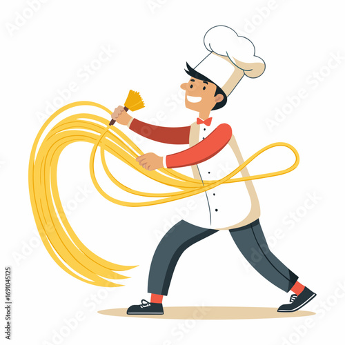 Creative male chef vector illustration pulling noodles like guitar strings, unique food art design for culinary branding and restaurant logo.