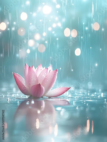 Pink lotus flower floating on water with rain droplets and soft bokeh lights nature