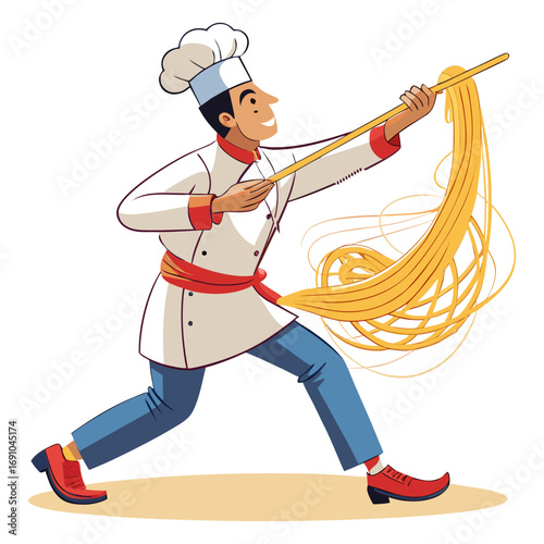 Creative male chef vector illustration pulling noodles like guitar strings, unique food art design for culinary branding and restaurant logo.