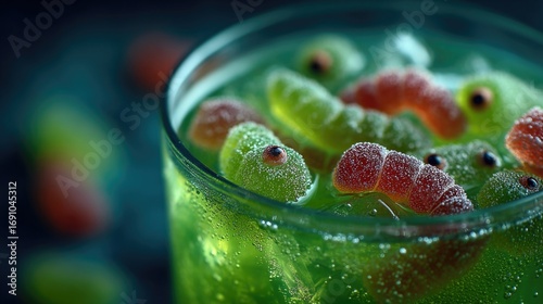 Colorful gummy worms in refreshing green drink with ice cubes