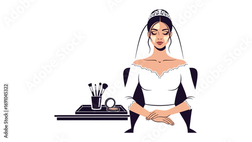 Elegant bride wearing a white wedding dress and veil sits with eyes closed preparing for her special day with makeup accessories nearby