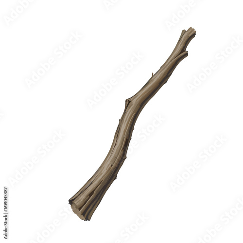 Stylized gnarled brown wooden stick illustration featuring rough texture and natural organic form.