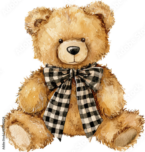 A Cuddly Teddy Bear with a checkered bow, watercolor illustration.