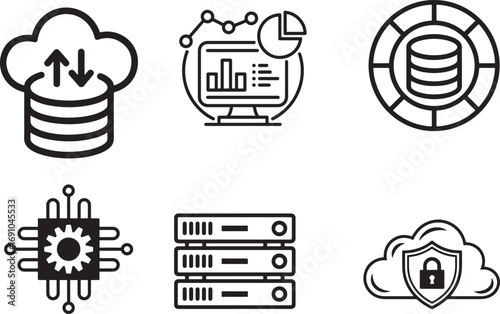 Technology Icons: Cloud Storage, Data Analysis, Servers, CPU, and Security