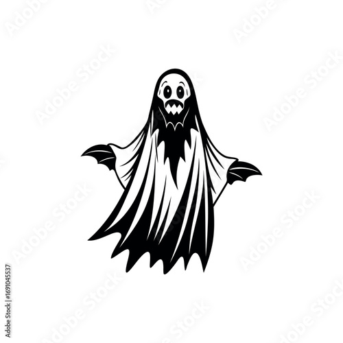 Spooky Halloween black and white ghost illustration with exaggerated features and wingtips silhouette vector