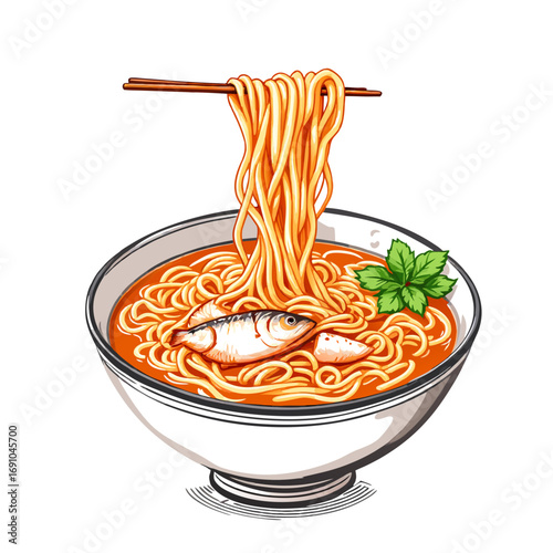 Stylized illustration of chopsticks lifting noodles from a bowl of Asian fish soup with a mint garnish.