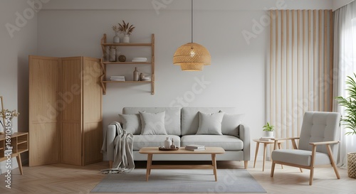 Modern Scandinavian Living Room with Natural Wood Furniture and Neutral Tones