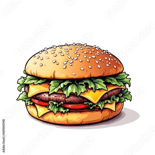 Stylized Red Burger with Sesame Seeds Cheese Lettuce and Tomato.