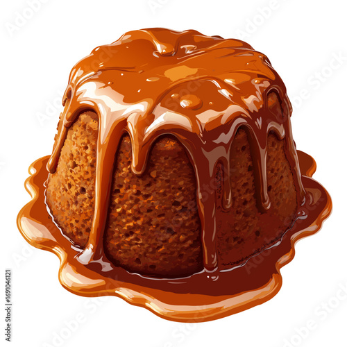 Sweet brown pudding generously covered in glossy caramel sauce dripping down delicious dessert illustration.