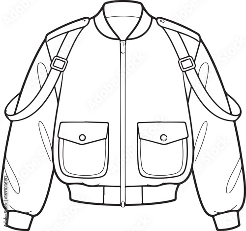 Fashion Illustration of a Black and White Bomber Jacket with Straps and Pockets